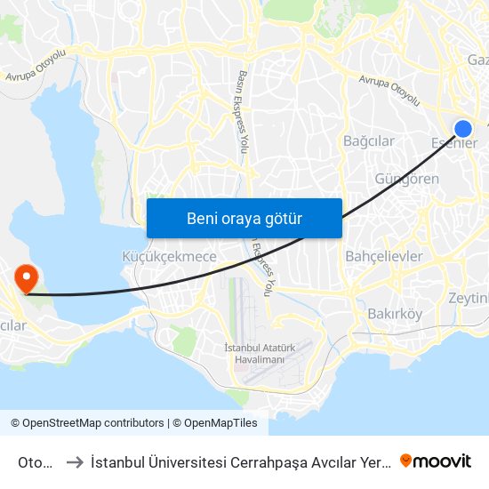 Otogar to İstanbul Üniversitesi Cerrahpaşa Avcılar Yerleşkesi map