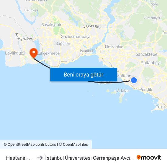 Hastane - Adliye to İstanbul Üniversitesi Cerrahpaşa Avcılar Yerleşkesi map