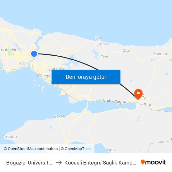 Boğaziçi Üniversitesi to Kocaeli Entegre Sağlık Kampüsü map