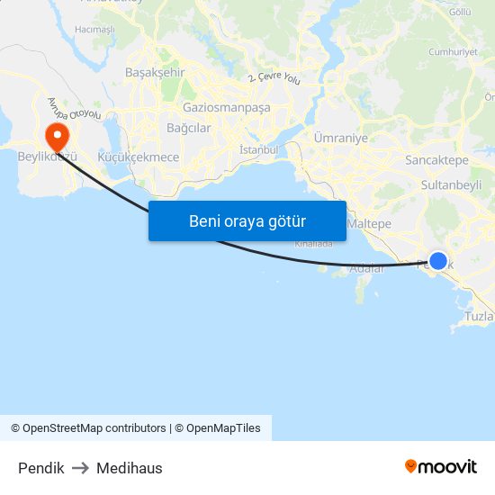 Pendik to Medihaus map