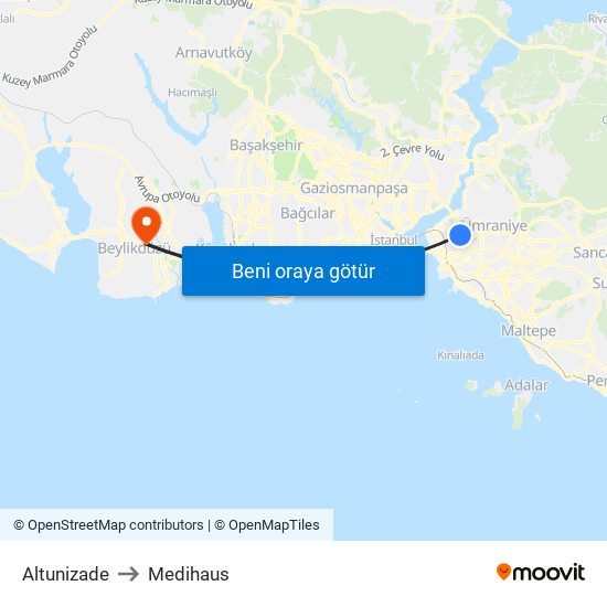 Altunizade to Medihaus map