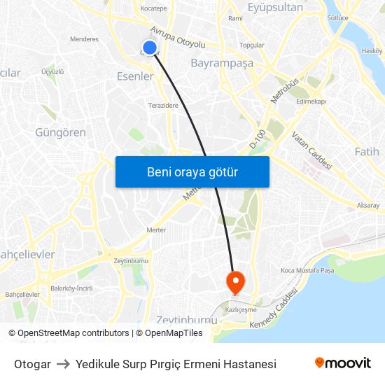 Otogar to Yedikule Surp Pırgiç Ermeni Hastanesi map
