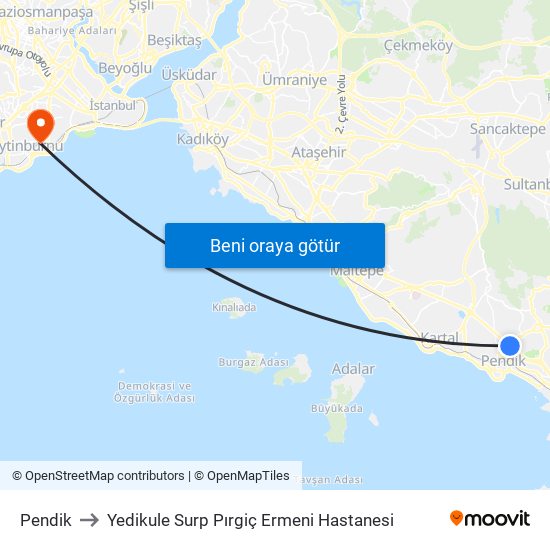 Pendik to Yedikule Surp Pırgiç Ermeni Hastanesi map