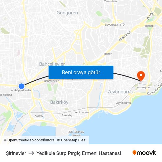 Şirinevler to Yedikule Surp Pırgiç Ermeni Hastanesi map