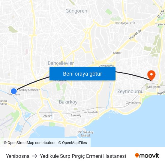 Yenibosna to Yedikule Surp Pırgiç Ermeni Hastanesi map
