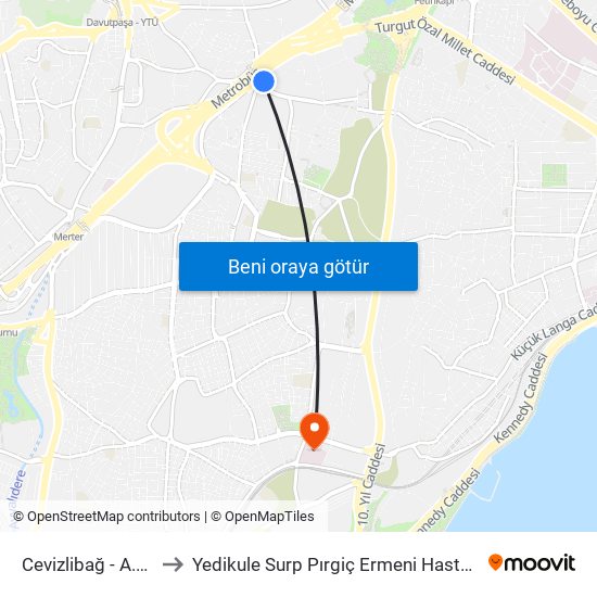 Cevizlibağ - A.Ö.Y. to Yedikule Surp Pırgiç Ermeni Hastanesi map