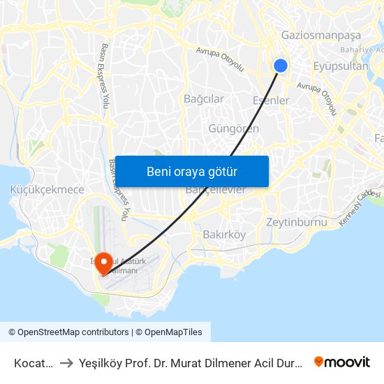 Kocatepe to Yeşilköy Prof. Dr. Murat Dilmener Acil Durum Hastanesi map