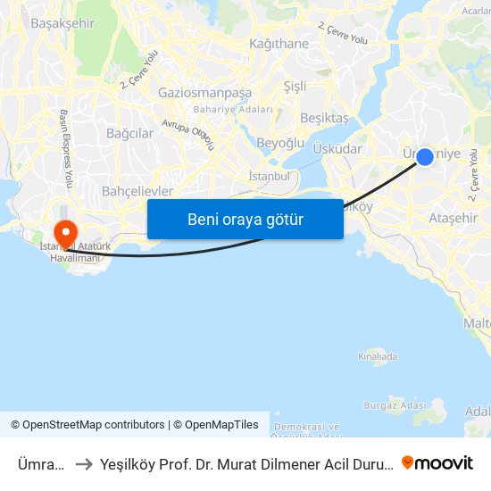 Ümraniye to Yeşilköy Prof. Dr. Murat Dilmener Acil Durum Hastanesi map