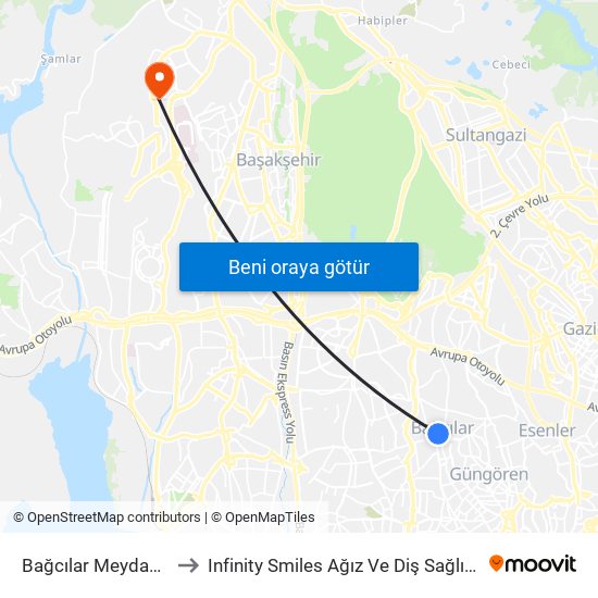 Bağcılar Meydan (M1b) to Infinity Smiles Ağız Ve Diş Sağlığı Polikliniği map