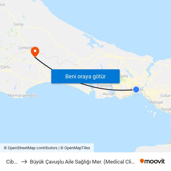 Cibali to Büyük Çavuşlu Aile Sağlığı Mer. (Medical Clinic) map