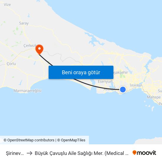 Şirinevler to Büyük Çavuşlu Aile Sağlığı Mer. (Medical Clinic) map
