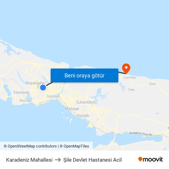 Karadeniz Mahallesi to Şile Devlet Hastanesi Acil map