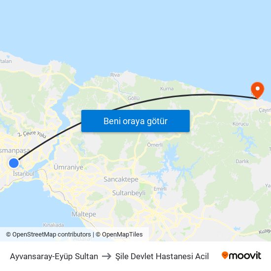 Ayvansaray-Eyüp Sultan to Şile Devlet Hastanesi Acil map