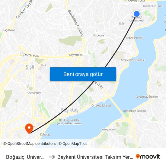 Boğaziçi Üniversitesi to Beykent Üniversitesi Taksim Yerleşkesi map