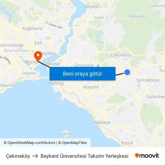 Çekmeköy to Beykent Üniversitesi Taksim Yerleşkesi map