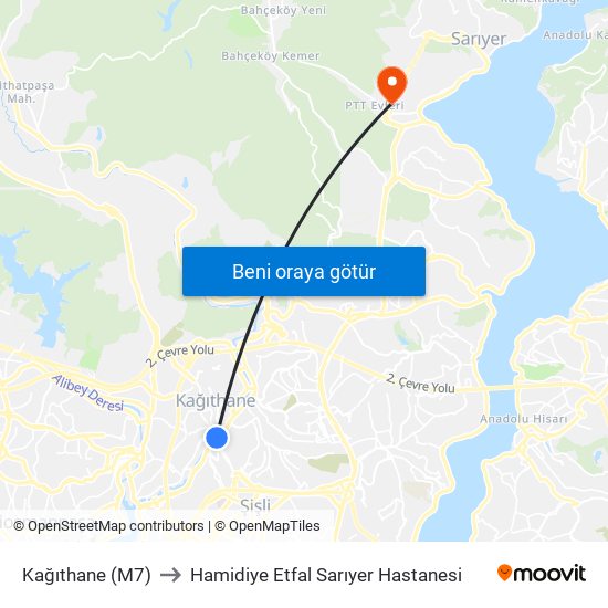 Kağıthane (M7) to Hamidiye Etfal Sarıyer Hastanesi map