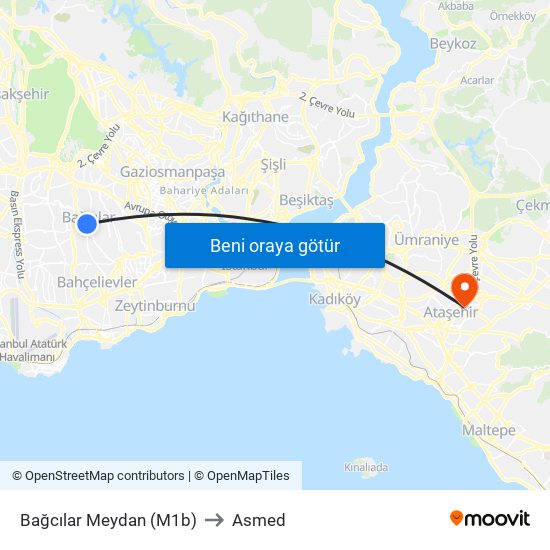 Bağcılar Meydan (M1b) to Asmed map