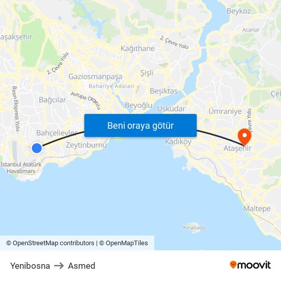 Yenibosna to Asmed map
