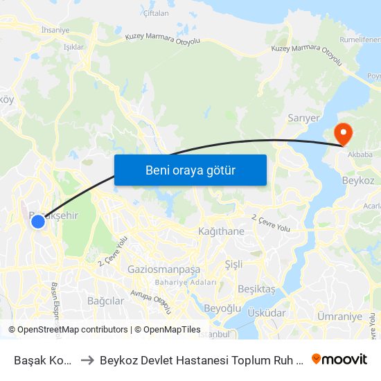 Başak Konutları to Beykoz Devlet Hastanesi Toplum Ruh Sağlığı Merkezi map