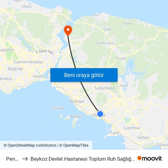 Pendik to Beykoz Devlet Hastanesi Toplum Ruh Sağlığı Merkezi map