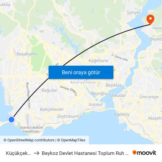 Küçükçekmece to Beykoz Devlet Hastanesi Toplum Ruh Sağlığı Merkezi map