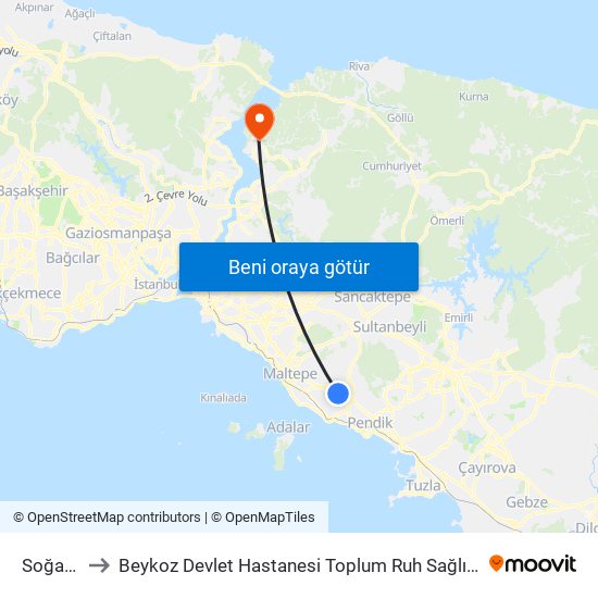 Soğanlık to Beykoz Devlet Hastanesi Toplum Ruh Sağlığı Merkezi map