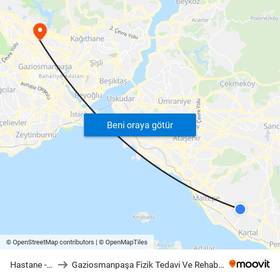 Hastane - Adliye to Gaziosmanpaşa Fizik Tedavi Ve Rehabilitisyon Hastanesi map