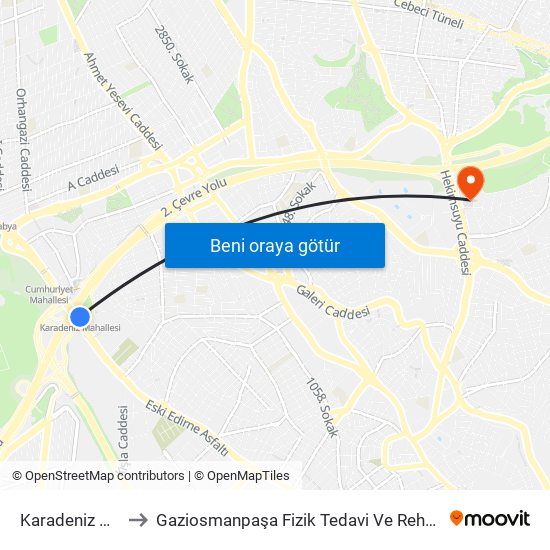 Karadeniz Mahallesi to Gaziosmanpaşa Fizik Tedavi Ve Rehabilitisyon Hastanesi map