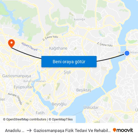 Anadolu Hisarı to Gaziosmanpaşa Fizik Tedavi Ve Rehabilitisyon Hastanesi map