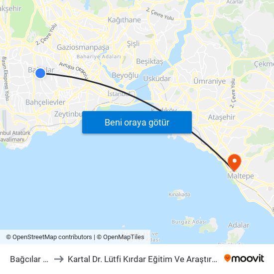 Bağcılar Meydan (M1b) to Kartal Dr. Lütfi Kırdar Eğitim Ve Araştırma Hastanesi Kadir Rezzan Has Adatepe Polikliniği map