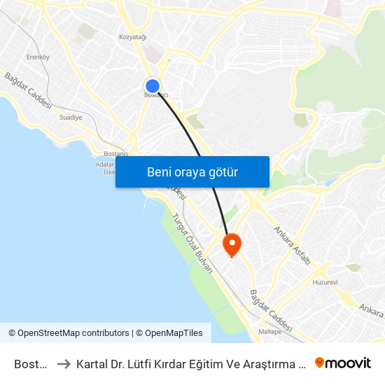 Bostancı (M4) to Kartal Dr. Lütfi Kırdar Eğitim Ve Araştırma Hastanesi Kadir Rezzan Has Adatepe Polikliniği map