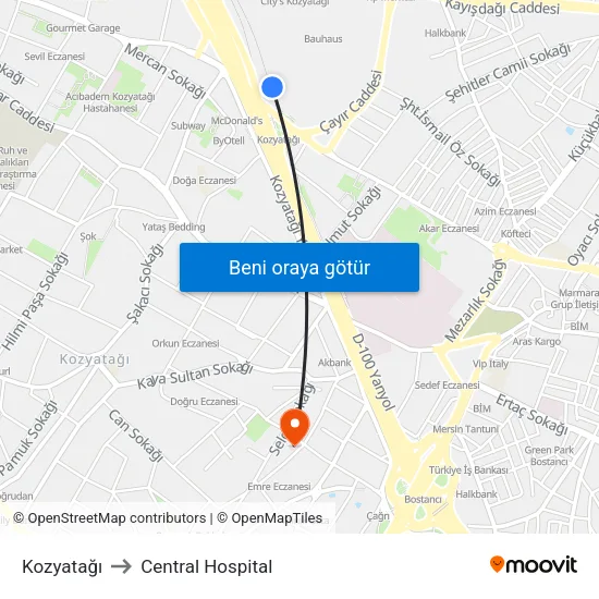 Pegasus - Kozyatağı to Central Hospital map