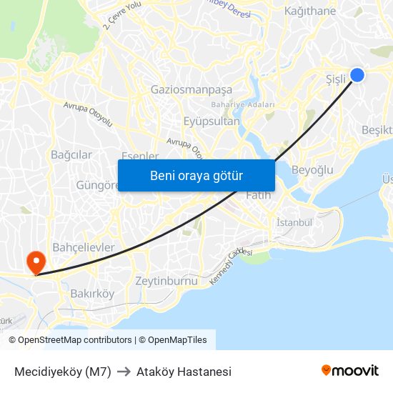 Mecidiyeköy (M7) to Ataköy Hastanesi map