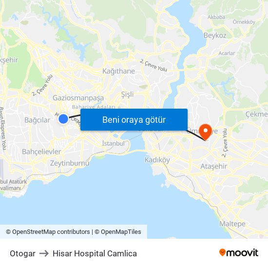 Otogar to Hisar Hospital Camlica map