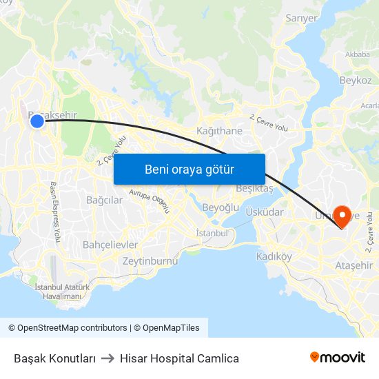 Başak Konutları to Hisar Hospital Camlica map