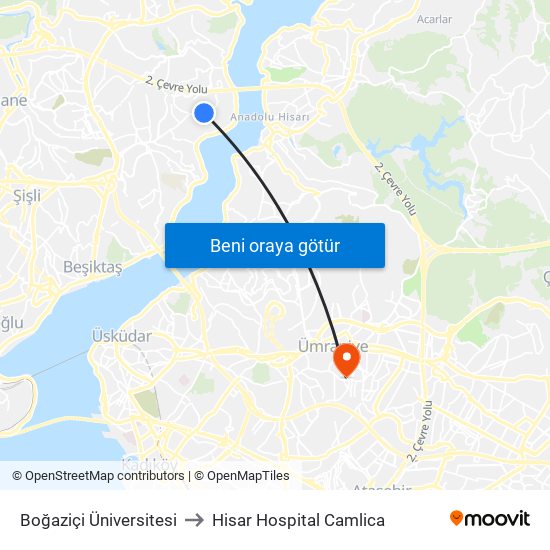 Boğaziçi Üniversitesi to Hisar Hospital Camlica map