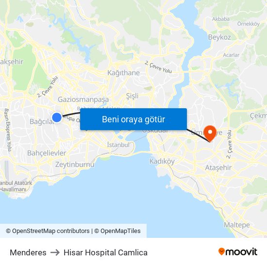 Menderes to Hisar Hospital Camlica map