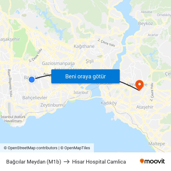 Bağcılar Meydan (M1b) to Hisar Hospital Camlica map