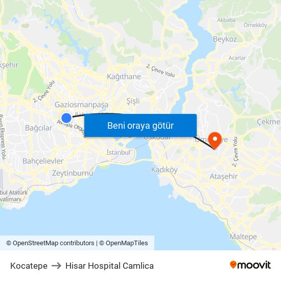 Kocatepe to Hisar Hospital Camlica map