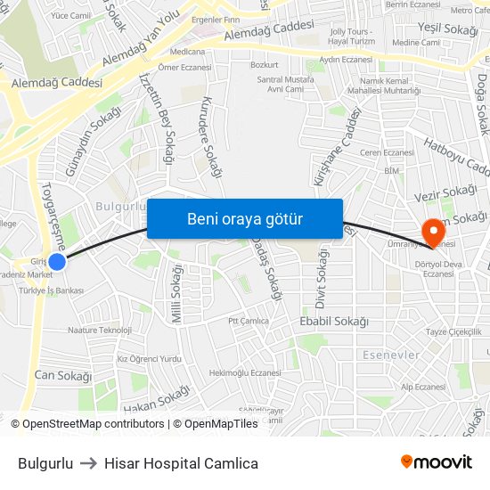 Bulgurlu to Hisar Hospital Camlica map