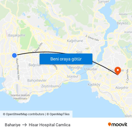 Bahariye to Hisar Hospital Camlica map