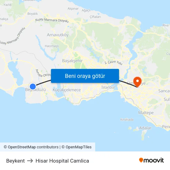 Beykent to Hisar Hospital Camlica map