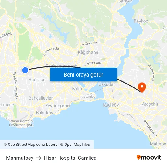 Mahmutbey to Hisar Hospital Camlica map