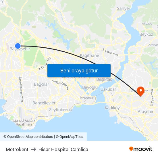 Metrokent to Hisar Hospital Camlica map