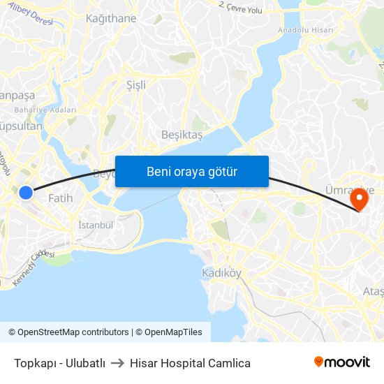 Topkapı - Ulubatlı to Hisar Hospital Camlica map