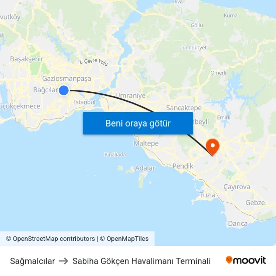Sağmalcılar to Sabiha Gökçen Havalimanı Terminali map