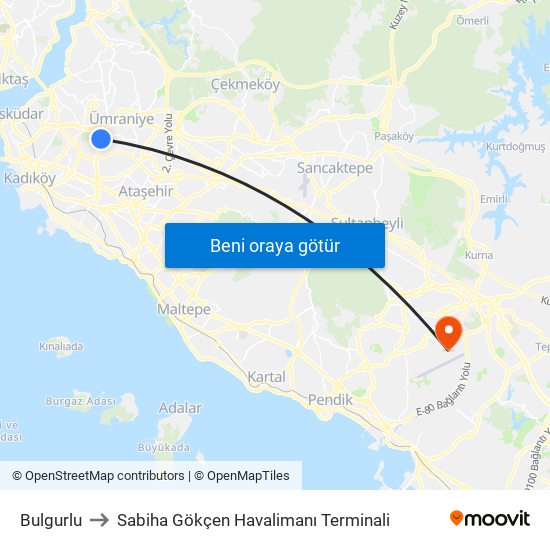 Bulgurlu to Sabiha Gökçen Havalimanı Terminali map