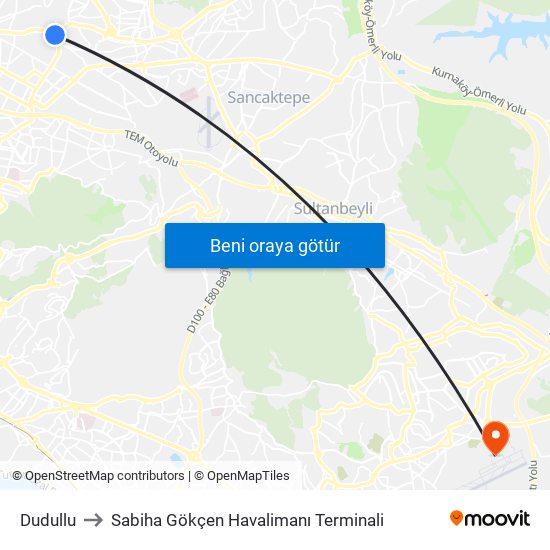 Dudullu to Sabiha Gökçen Havalimanı Terminali map