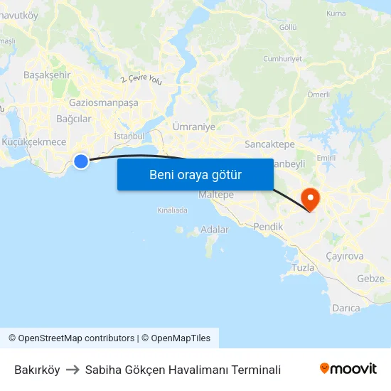 Bakırköy to Sabiha Gökçen Havalimanı Terminali map