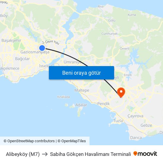 Alibeyköy (M7) to Sabiha Gökçen Havalimanı Terminali map